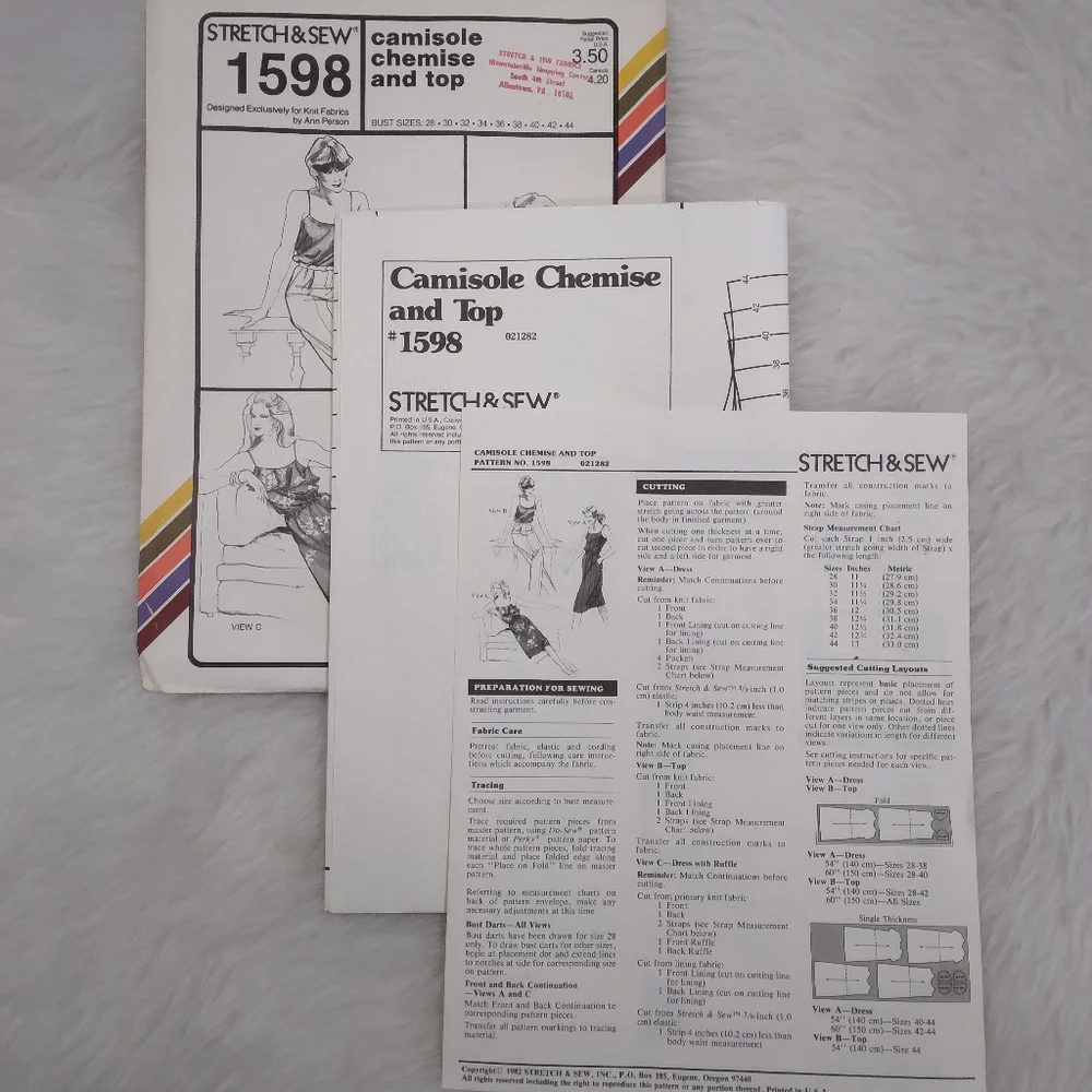 STRETCH & SEW 1598 Sz 28-44 Camisole Chemise and Top